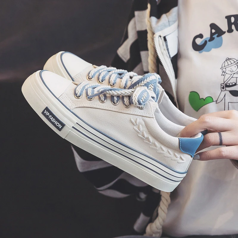 春季韩版低帮厚底帆布鞋女ins潮鞋松糕鞋复古麦穗小白鞋板鞋WZSF