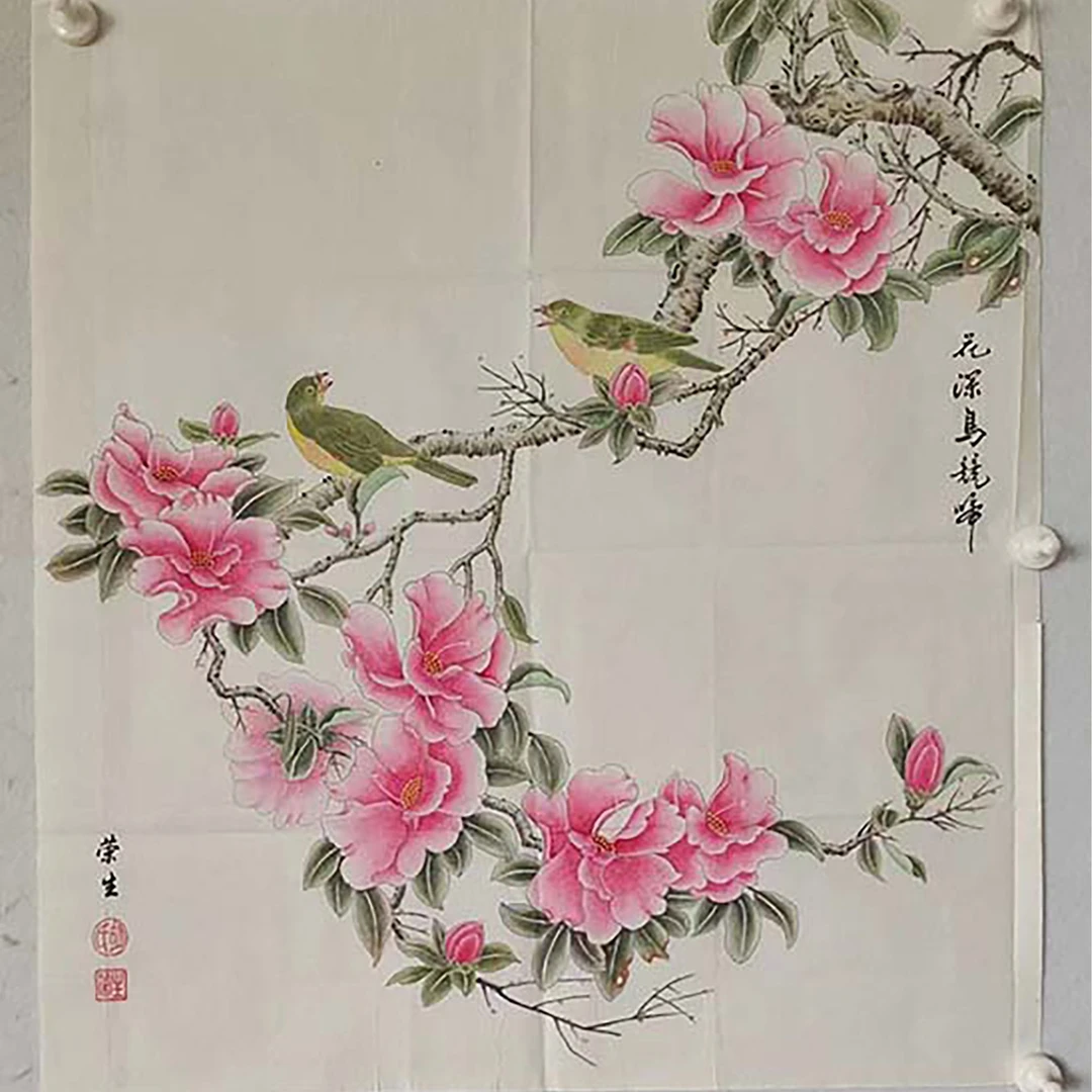 4105  纯手绘老字画《工笔.花鸟》斗方  尺寸 68×68