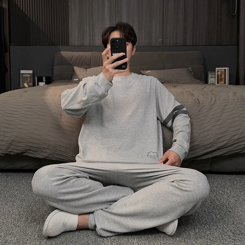 睡衣男款纯棉长袖春秋款圆领青少年可外穿休闲运动家居服秋冬套装