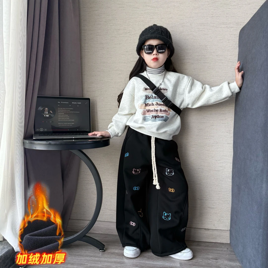 女童秋冬季韩版假两件加绒绣花卫衣卫裤套装中大童加绒阔腿裤卫裤