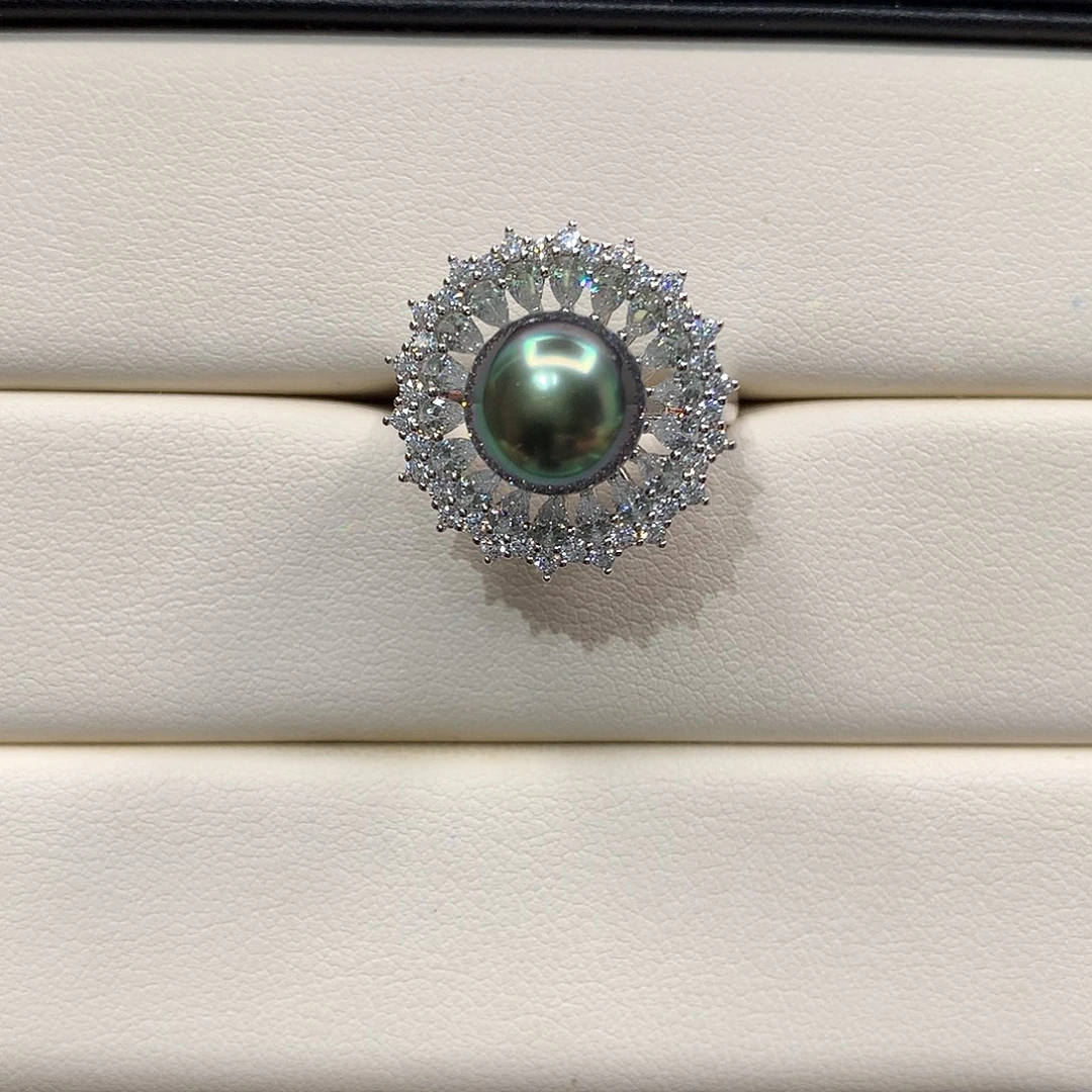 海水珍珠戒圈银S925镶嵌大溪地仙本那绿戒指