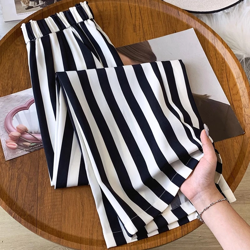 拉夏贝尔小个子显瘦垂感休闲凉感直筒裤夏季2025新款条纹阔腿裤女