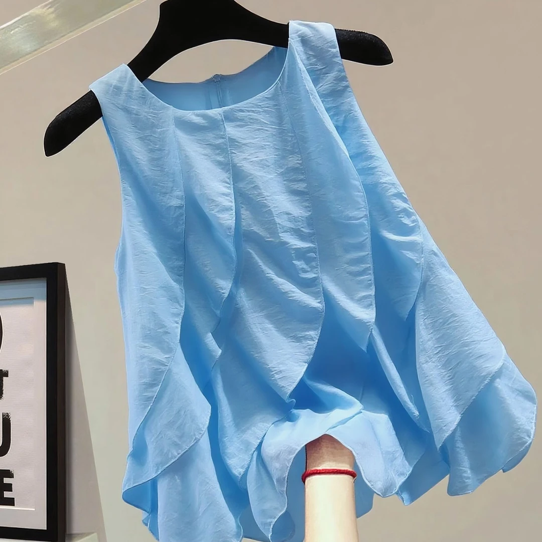 大码女装荷叶边拼接圆领套头衬衫夏季显瘦韩版新款纯色休闲背心潮