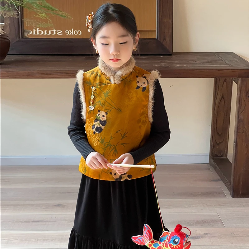 拜年服男女童新中式人丝熊猫马甲冬季水貂毛夹棉国风唐装背心新年