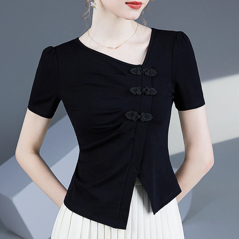 新中式高腰短袖上衣2025夏装新款不规则开叉摆短款显瘦女上衣