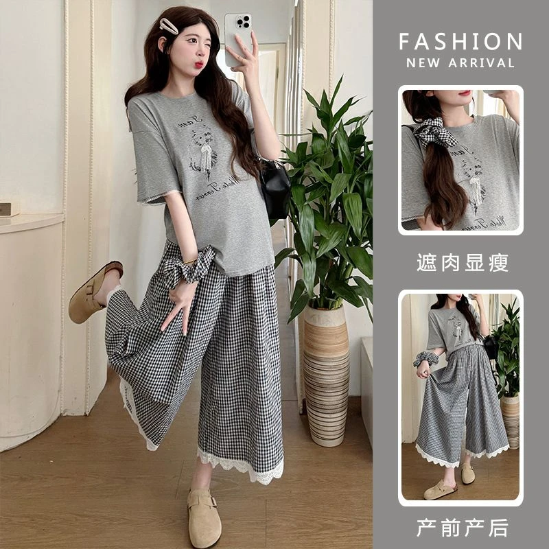孕妇装夏季新款小狗蕾丝T恤＋格子裤蕾丝花边拼接猪鼻扣调节裤子