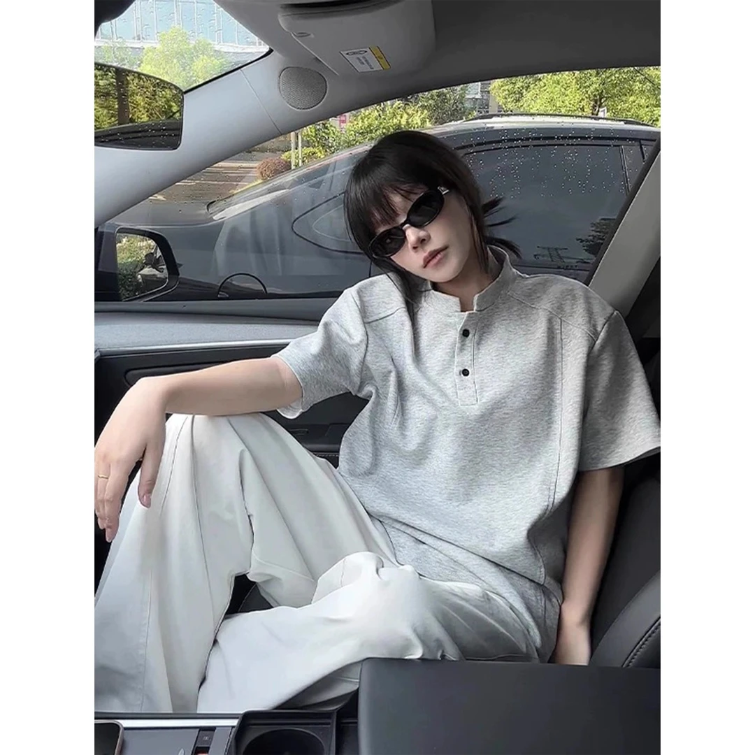 裁剪解构 polo衫亨利立领短袖t恤男夏季美式潮牌痞帅宽松半袖