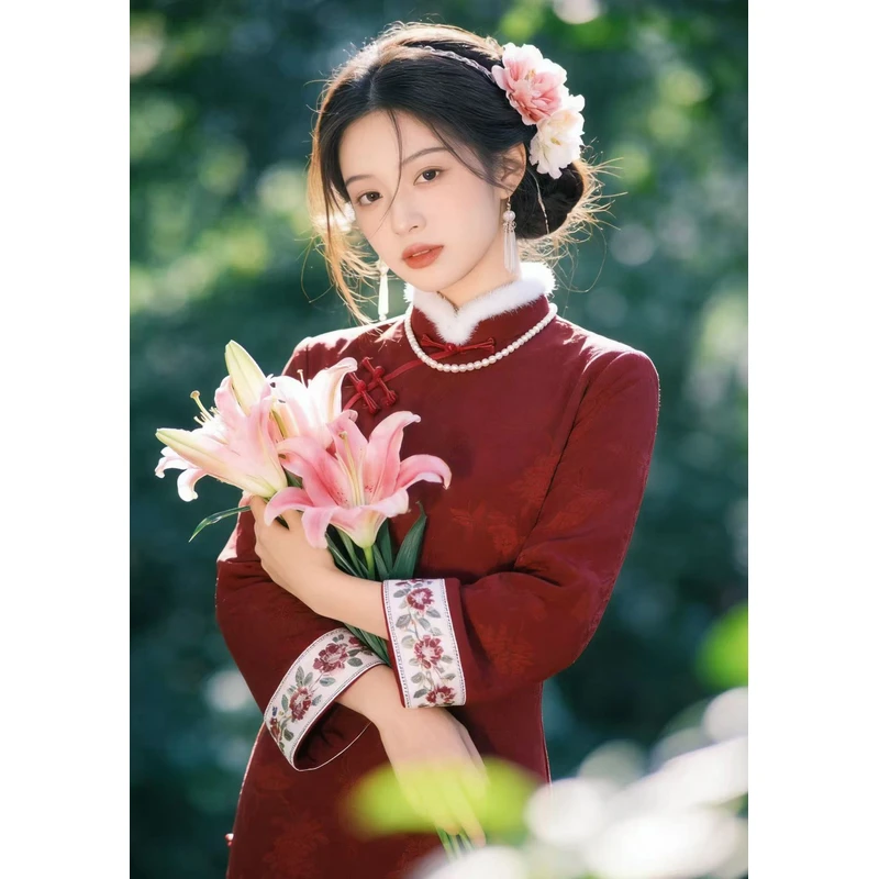 1460 【花红蝶】 红色 缠结扣 白毛领 旗袍
