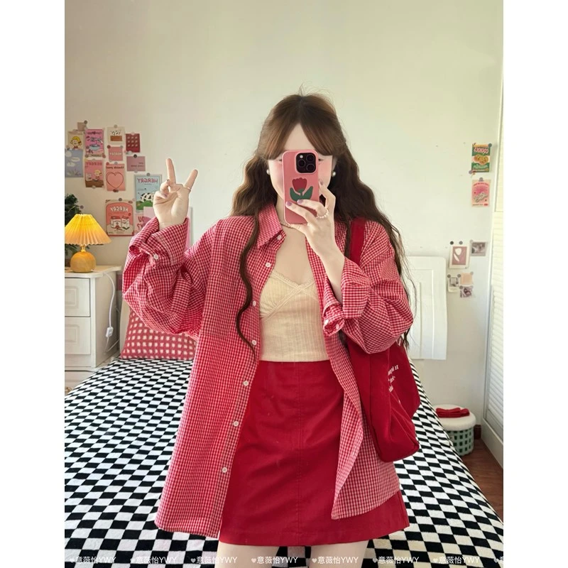 显瘦显白长袖红色格子衬衫女春季新品宽松慵懒风上衣百搭外套衬衣