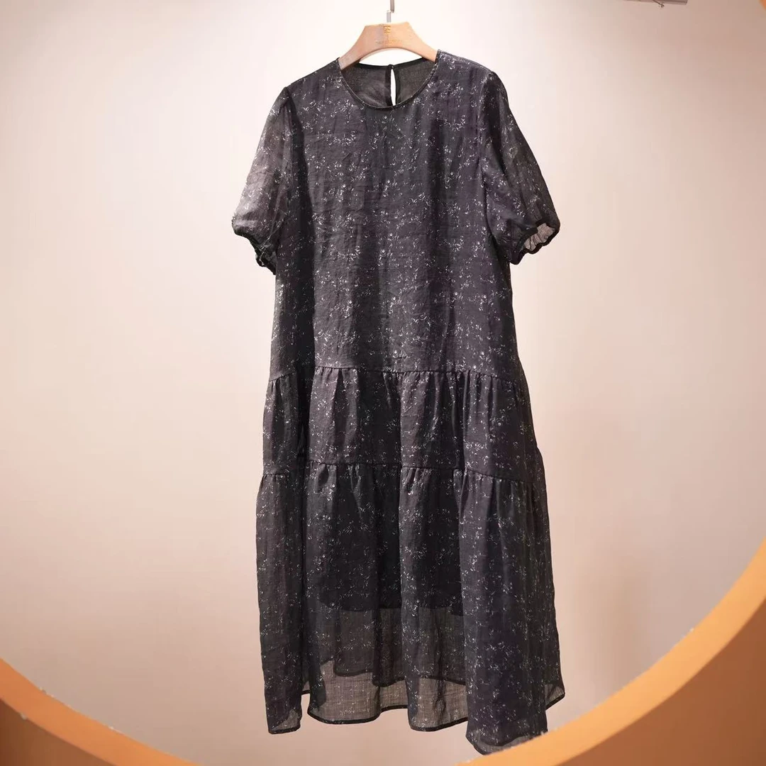 夏季纯苎麻碎花轻职风桑波缎提花中长款连衣裙休闲设计师气质圆领