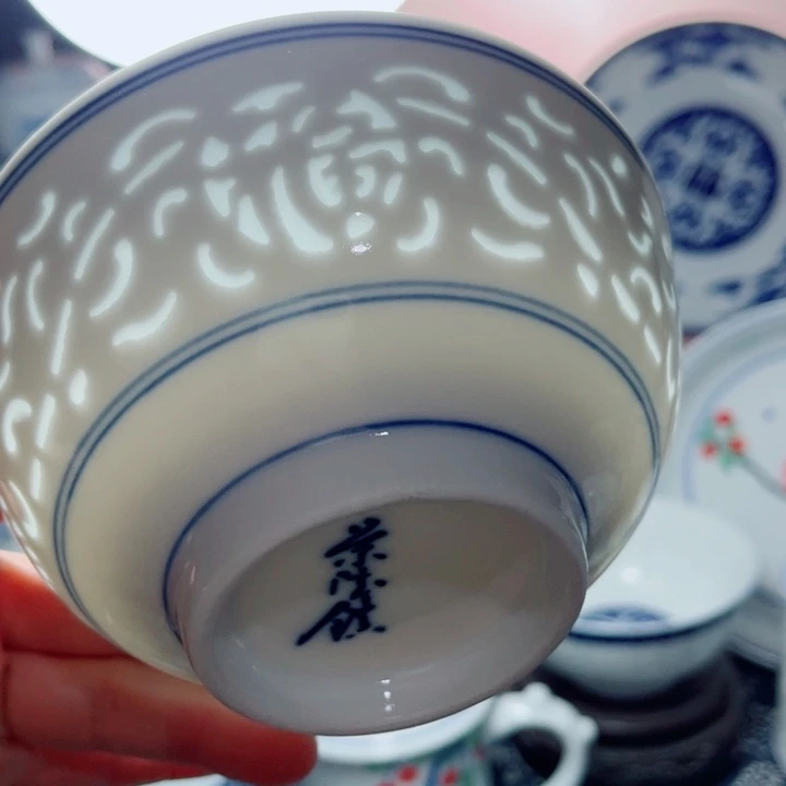 青花玲珑5寸饭碗满雕双福双线