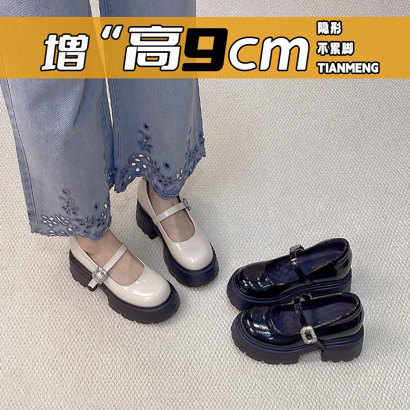 32-39码内增高圆头水钻学院风粗跟玛丽珍增高单鞋乐福鞋高跟女鞋