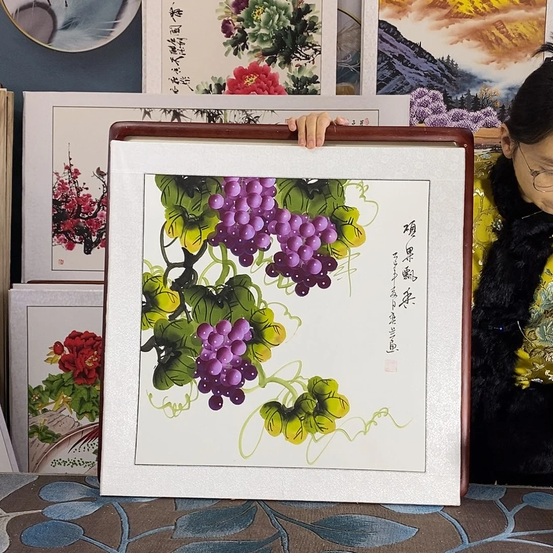 国画手写手绘国画作品带框包邮62✖️62