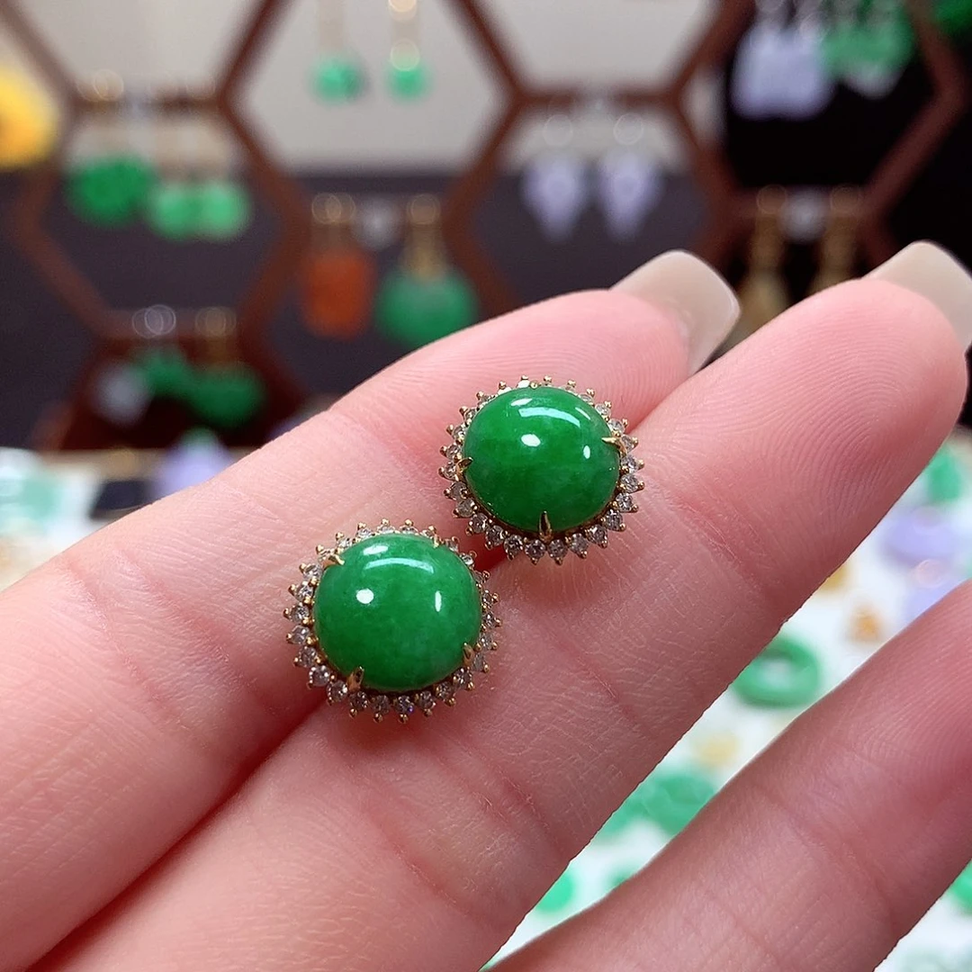 翡翠耳饰18K金镶嵌天然翡翠