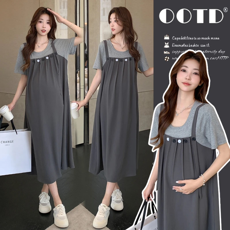 2025孕妇装夏装灰色拼接假两件时尚气质高级感孕妇连衣裙中长款