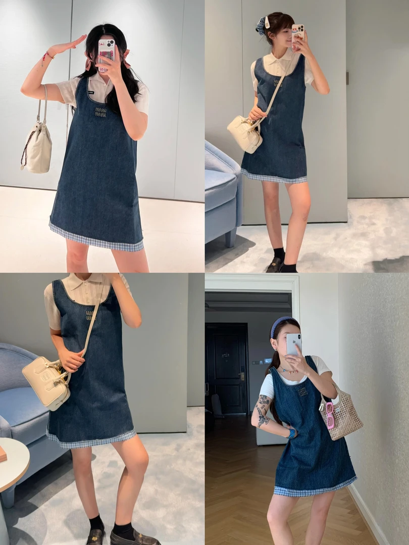 「8145」减龄少女风 字母刺绣大U型领下摆拼接格纹不锁边牛仔背心裙
