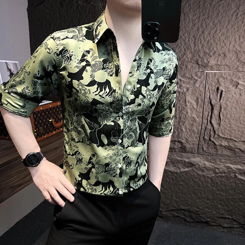 七分袖花衬衫男款短袖夏季2025新款高级感痞帅冰丝印花半袖衬衣男
