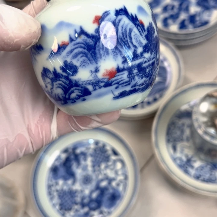 瓷片白青花富春山居图茶叶罐