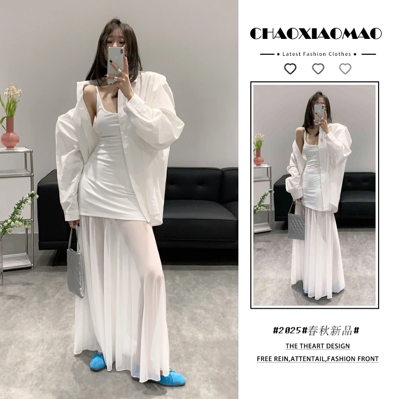 2025年春季新款韩穿搭套装女宽松温柔慵懒风衬衫吊带连衣裙两件套