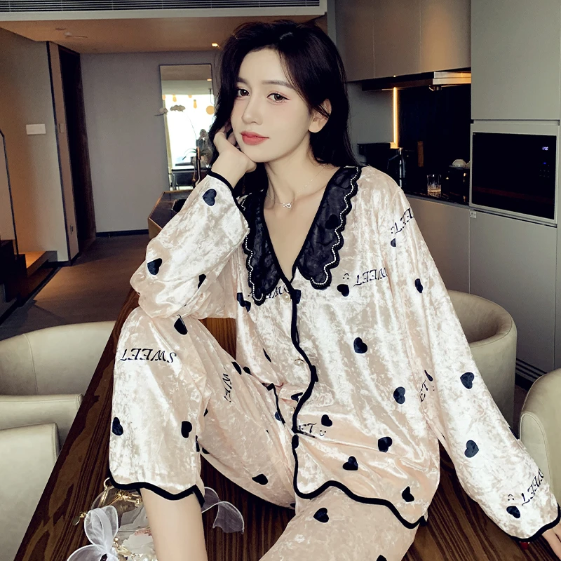 睡衣女士春秋新款大码翻领网红款桃心秋冬季性感家居服套装26