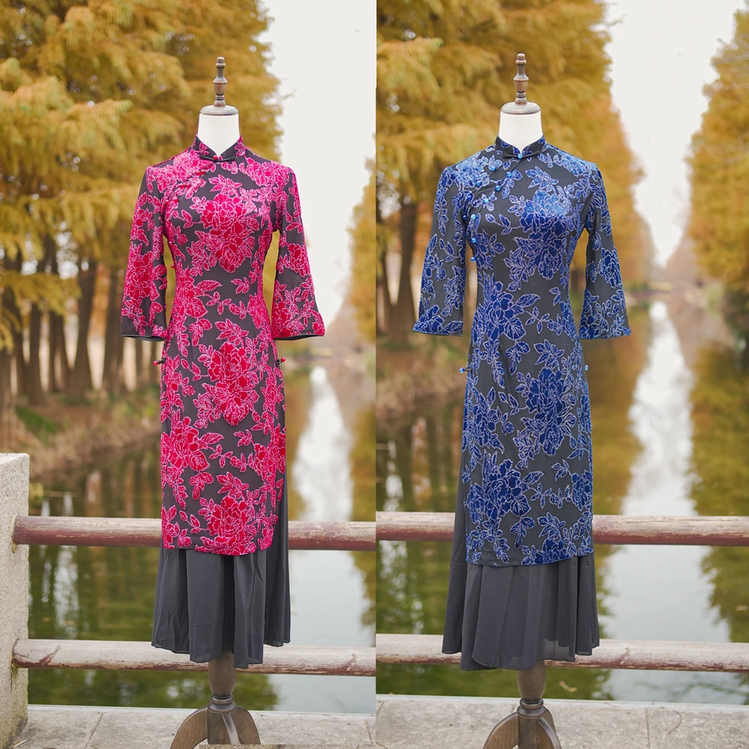 【8158】125cm金丝植绒长款奥黛旗袍