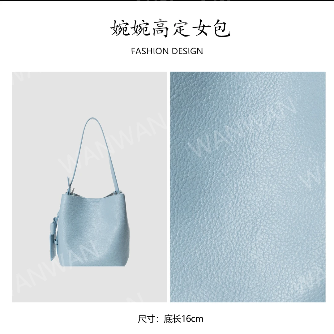 新圆形水桶包托特包女士纯色百搭荔枝纹蓝色耐磨BV250429-风信蓝