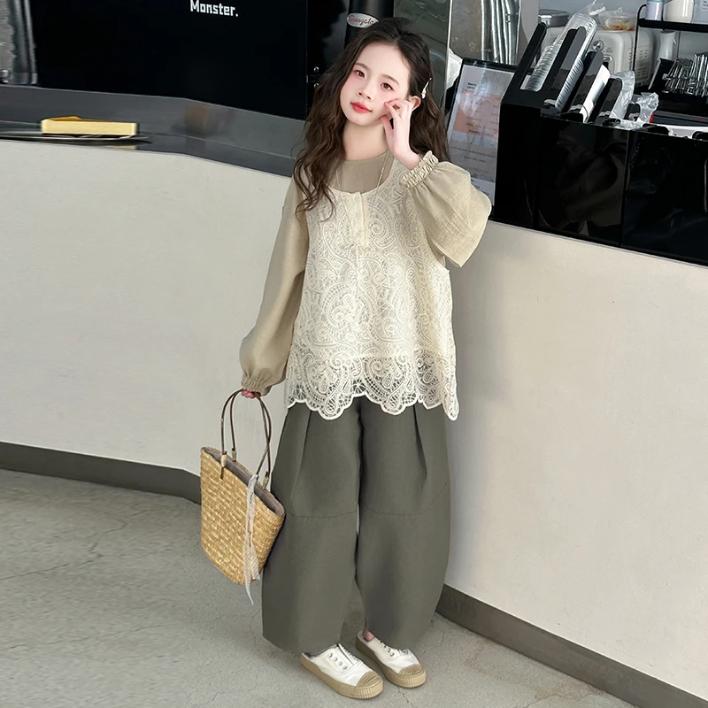 女童春装套装2025新款韩版儿童套装森系小女孩洋气马甲裤子三件套