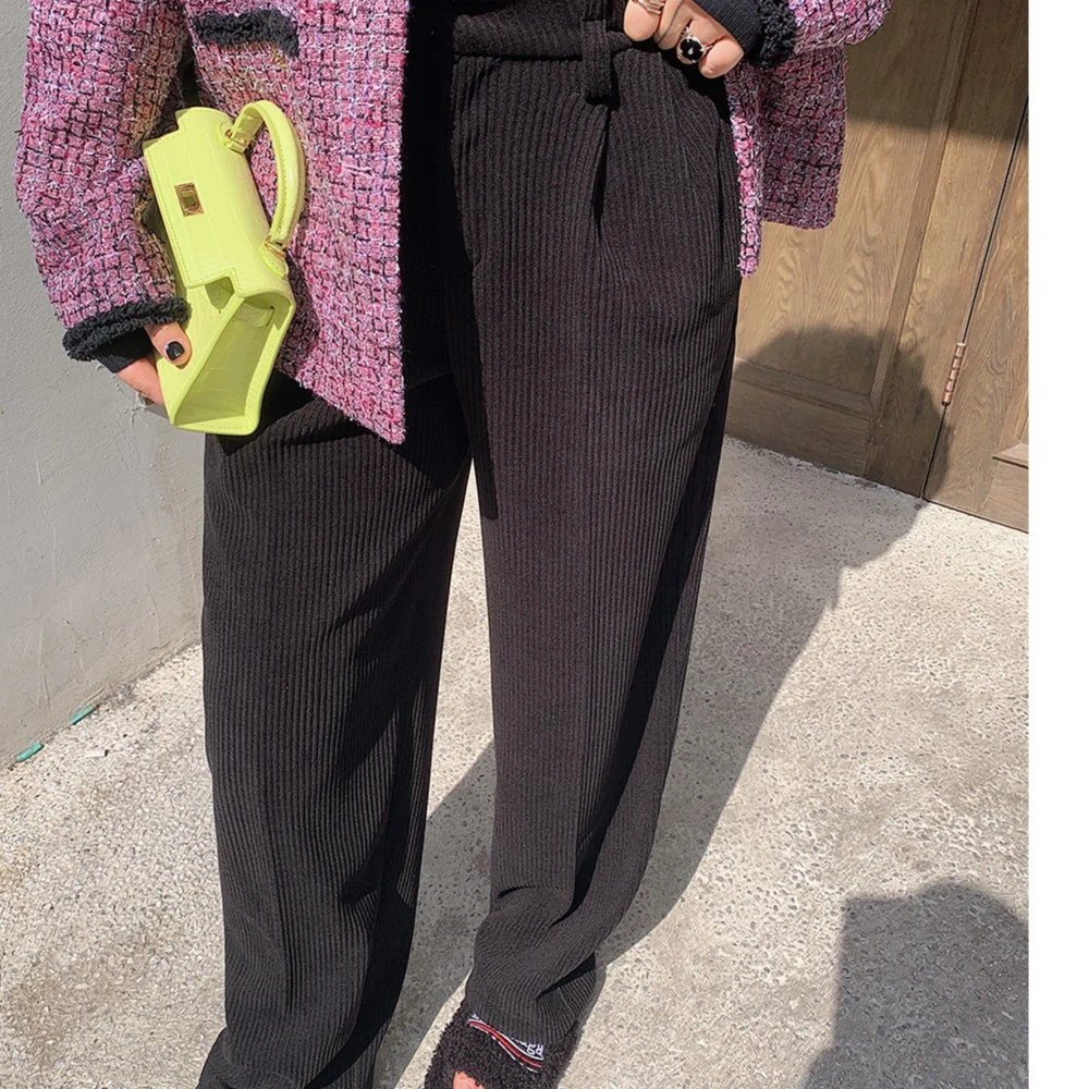 Dazi金大支灯芯绒直筒裤中腰黑色紫色针织宽松秋冬0103/1363