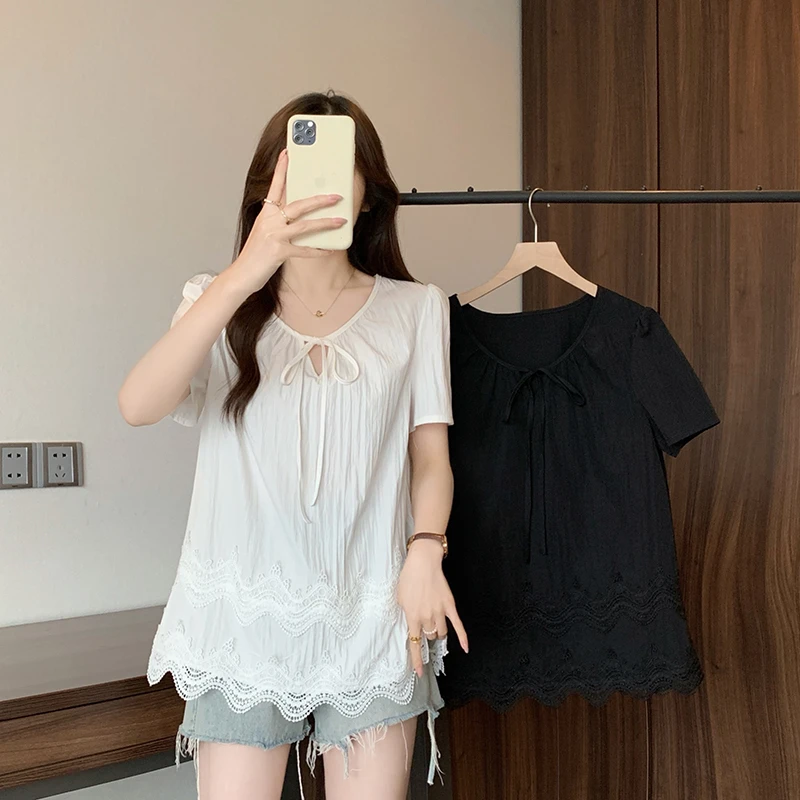 Q夏装新款胖mm大码女法式气质系带镂空蕾丝花边短袖小衫21334