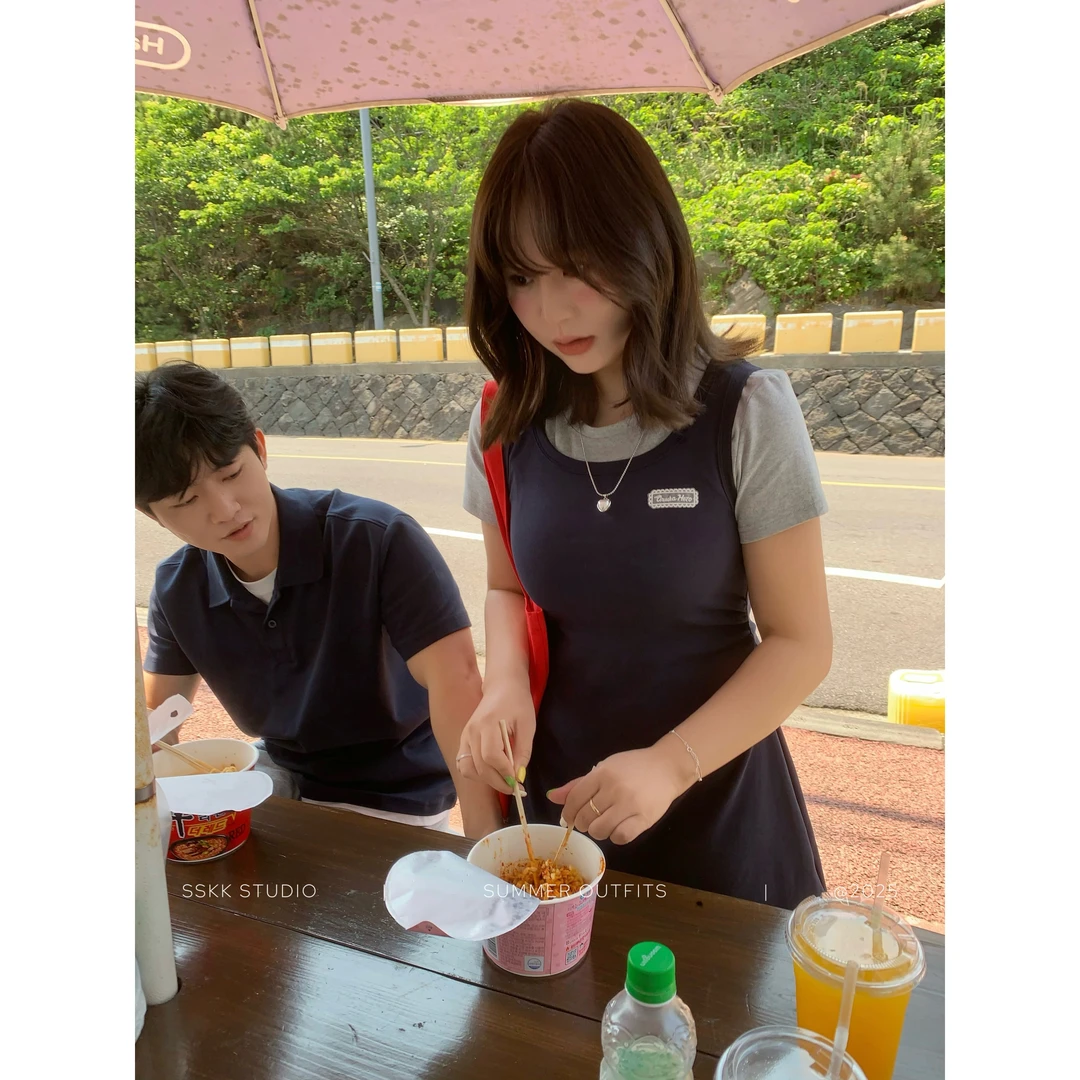 KMZY/KMZY山_山【韩女穿搭】微胖韩版撞色假两件短袖T恤拼接连衣裙