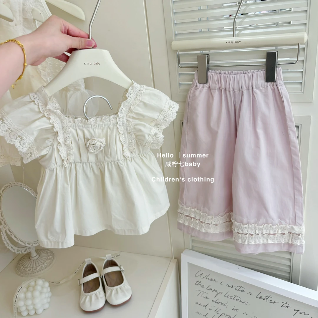 现【咸柠七】女童夏季花朵娃娃衫小飞袖上衣新款宝宝花边阔腿裤套装