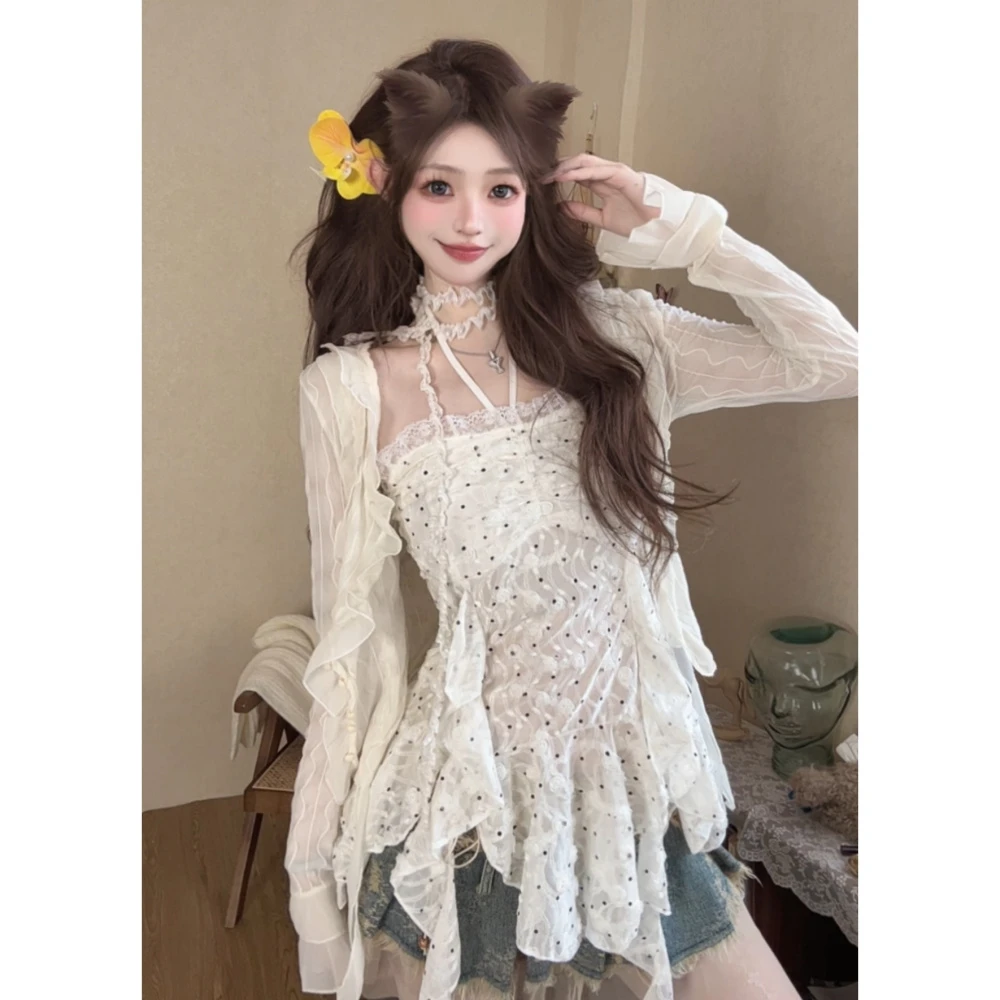 {波点歌姬}吊带上衣女夏薄款波点白色显瘦 辣妹短款