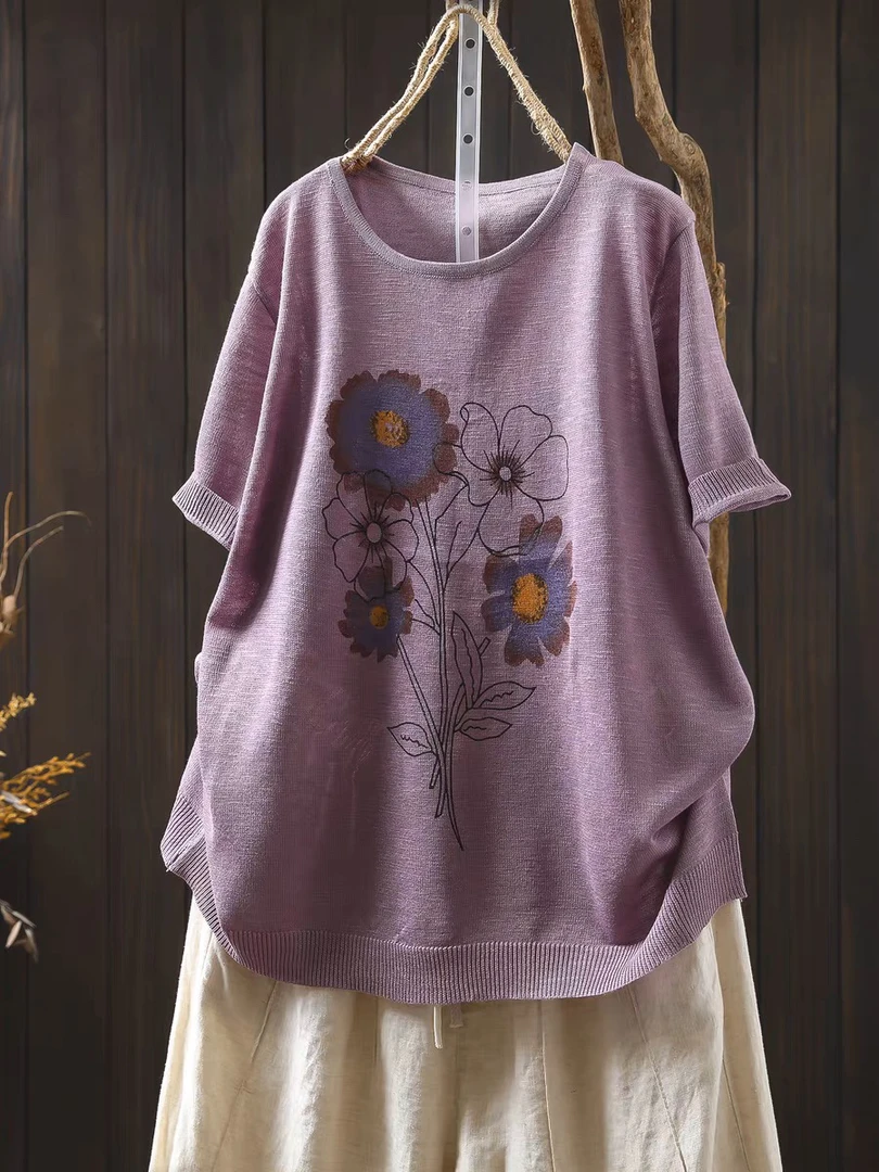 紫色花朵印花亚麻棉针织短袖女2025夏新薄款休闲百搭显瘦圆领t恤