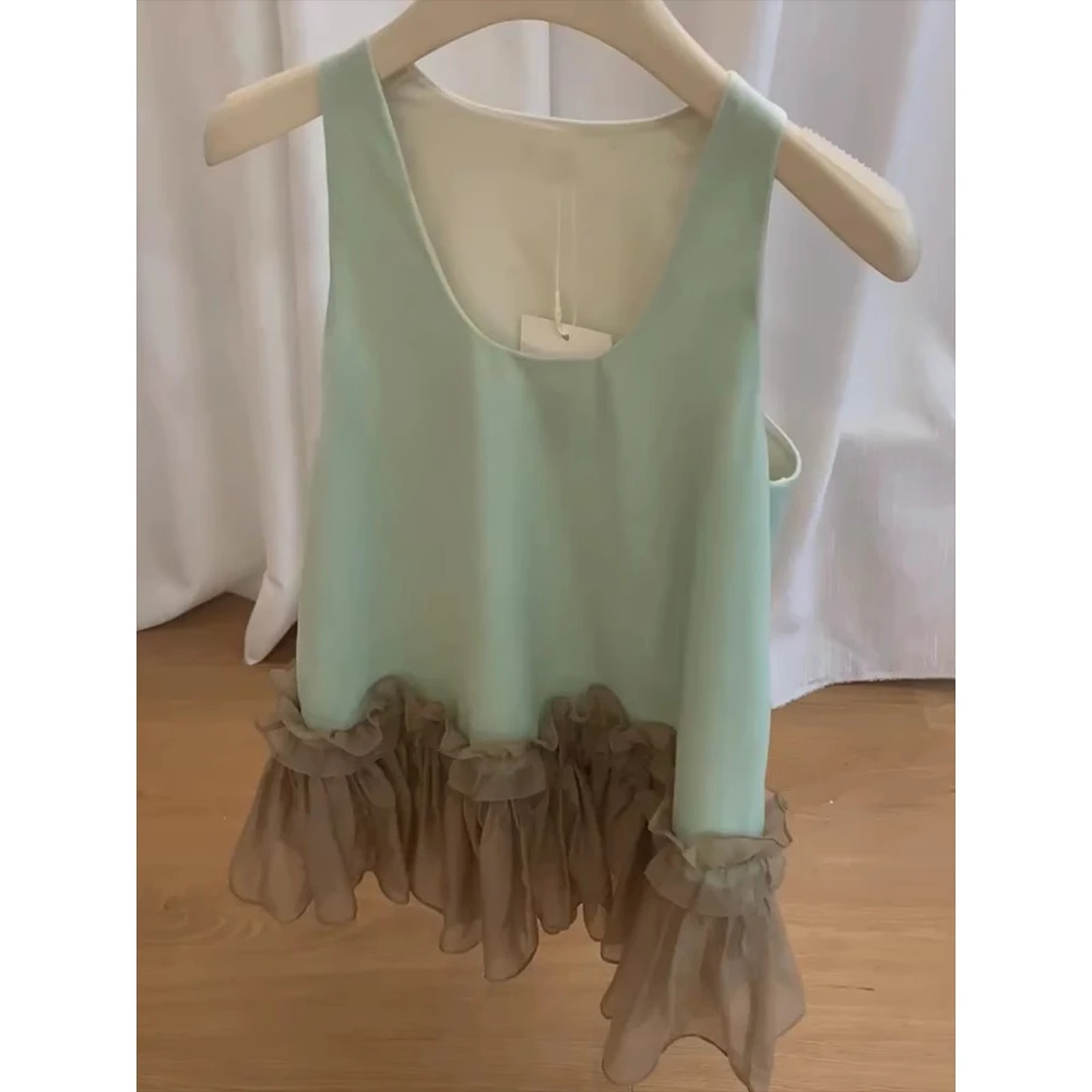 简直好看到炸！自留！别致U领时尚显气质拼接背心女夏季慵懒风上衣