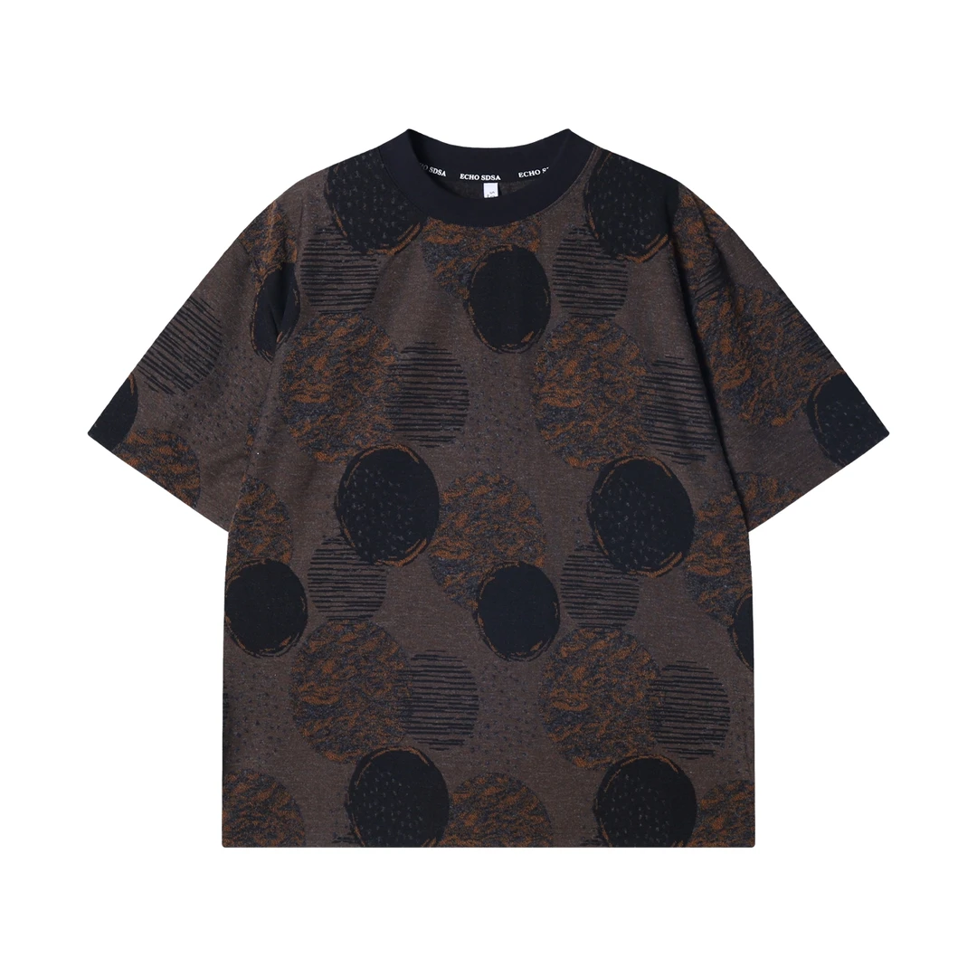 夏季高级感新款美式撞色圆形磨毛圆领短袖T恤宽松复古百搭上衣