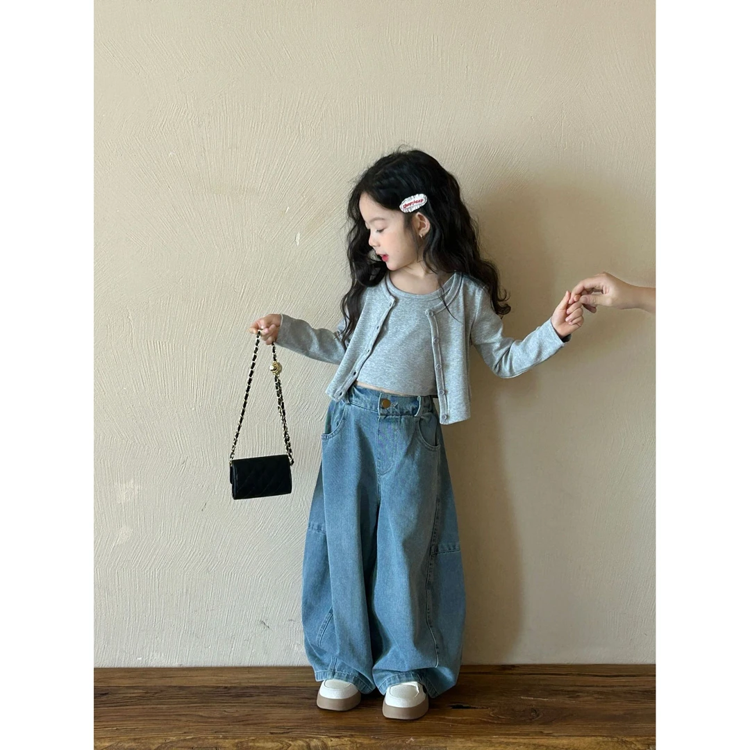 女童开衫背心套装春季新款女童春装韩范炸街套装上衣长袖牛仔裤