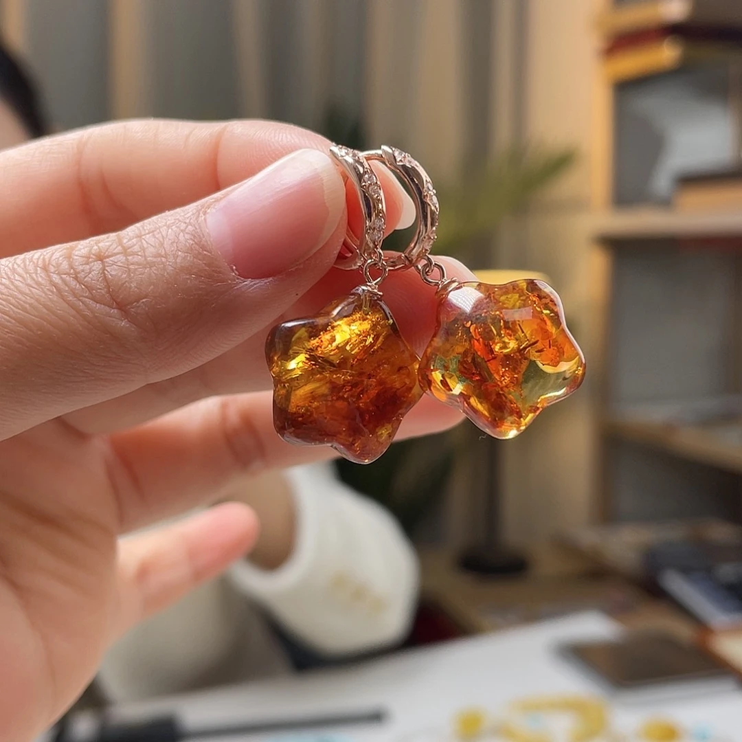 蜜蜡颈饰银S925镀金镶嵌琥珀耳环