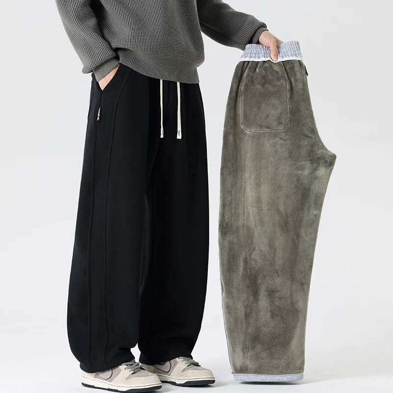 加绒加厚弯刀裤子男款秋冬宽松百搭运动裤黑色卫裤冬季男士休闲裤