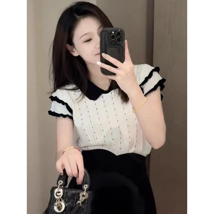 1821《巴黎恋人》法式复古风V领波浪边撞色短袖针织衫上衣夏季