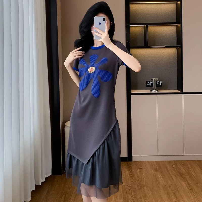 欧货设计感花朵印花夏季不规则高级感拼接显瘦洋气圆领T恤连衣裙