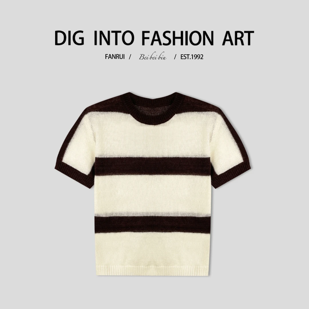 FANRUI/泛芮「酥酥心跳 」软糯舒适拼接条纹设计感T恤上衣B14449