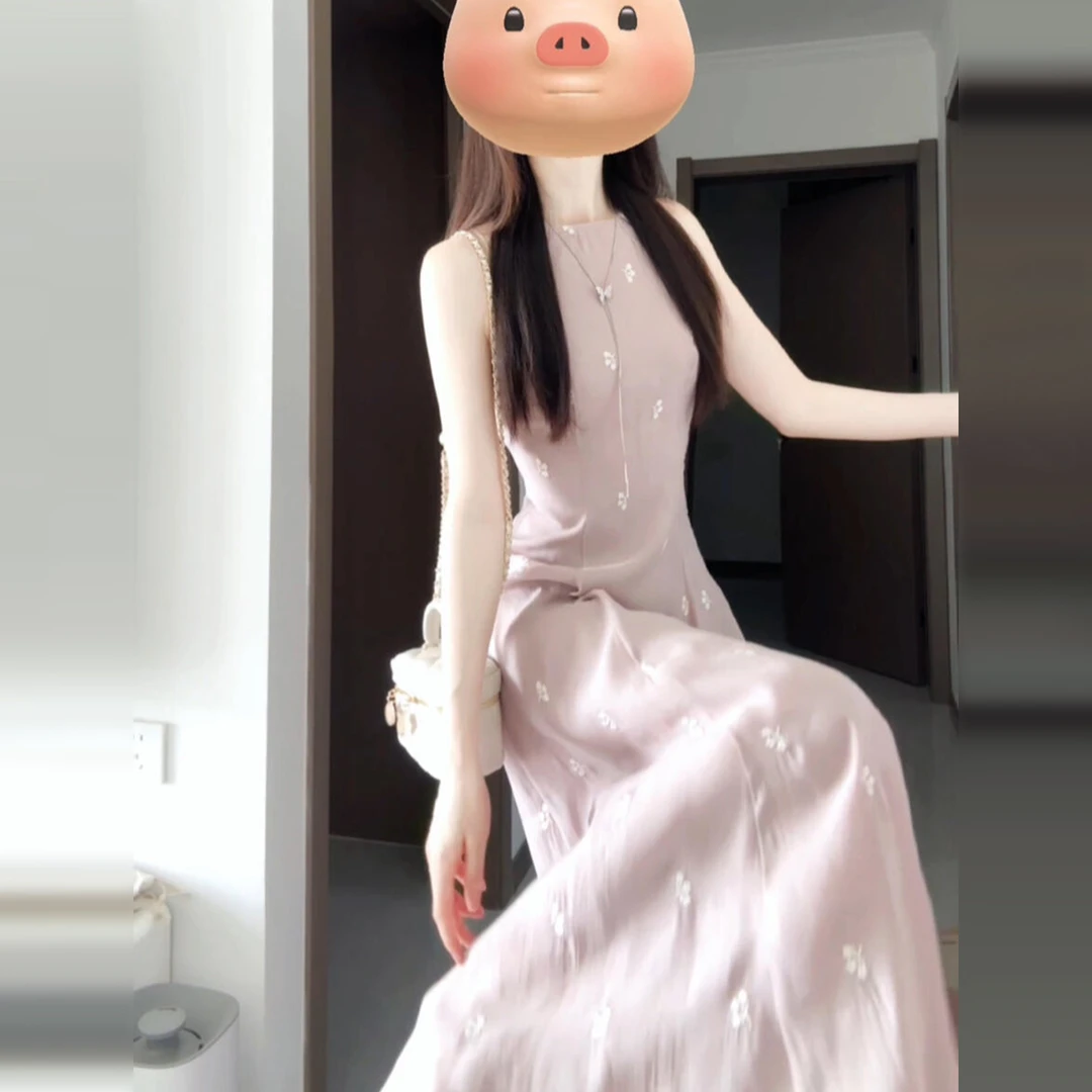 2025新款法式粉色无袖背心连衣裙子女装夏季气质绝美掐腰显瘦长裙