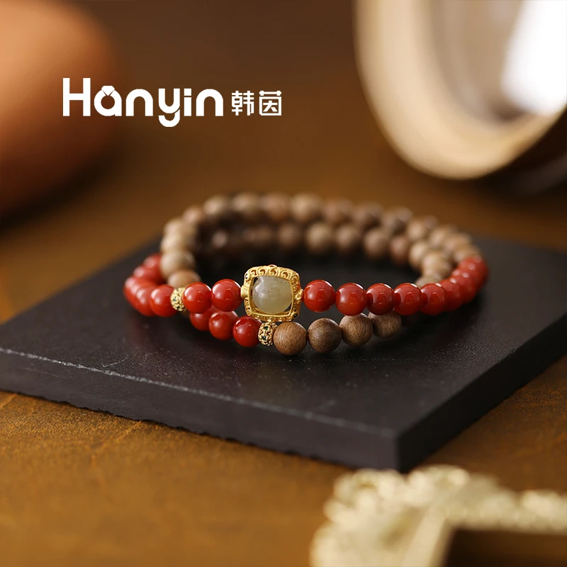 6mm民族风小檀四方格翡翠南红叠戴手串