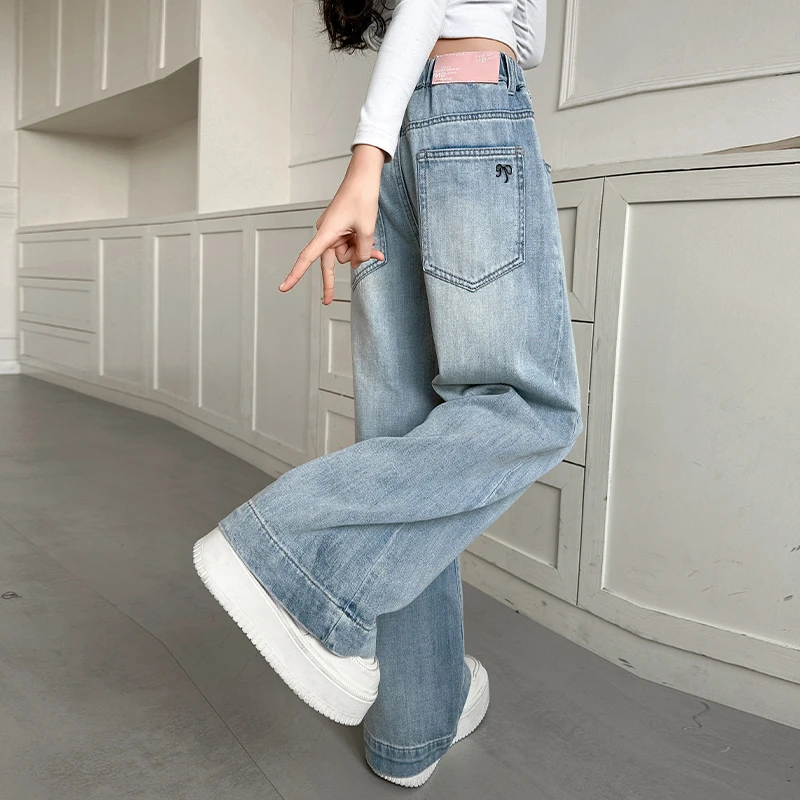 儿童夏装2025大女童装弯刀裤子宽松水洗牛仔裤夏季薄款阔腿直筒裤