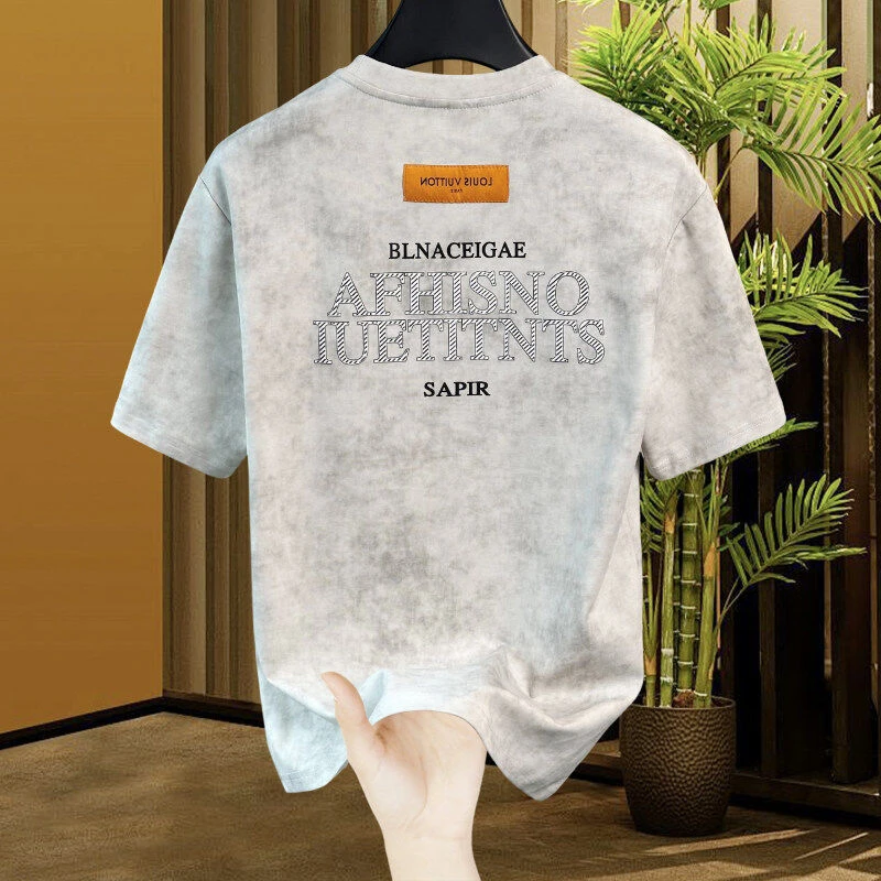男士2025夏季字母植绒潮款男休闲时尚青春扎染透气圆领短袖t恤