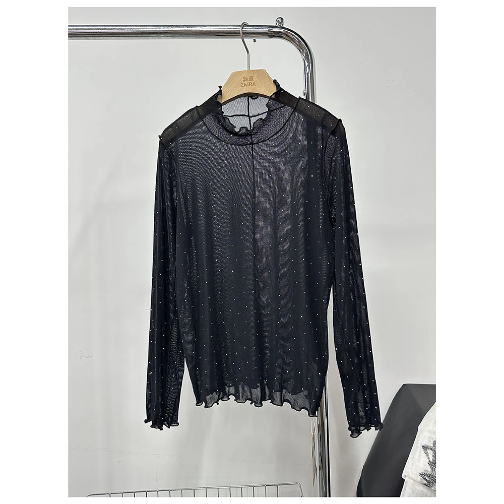 T527  秋季新款女士时尚百搭木耳边半高领长袖透明T恤女