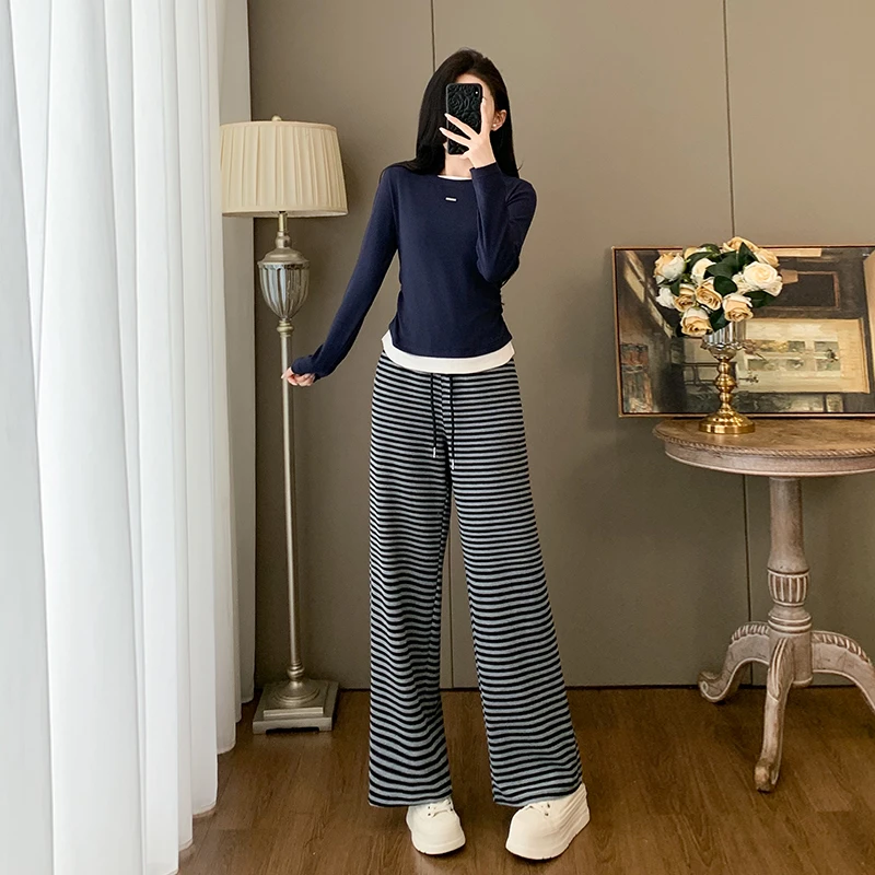 韩风chic一整套女2025秋季修身洋气减龄长袖T恤条纹阔腿裤两件套
