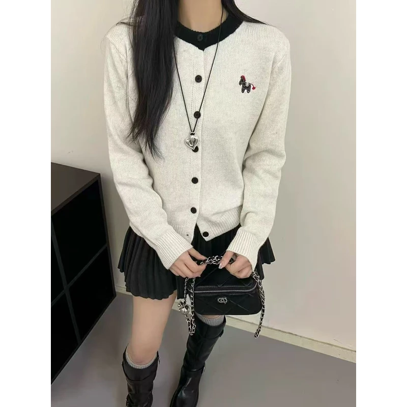 麦9785-3442 宽松毛衣刺绣小马开衫卡通衣服百搭针织衫开衫