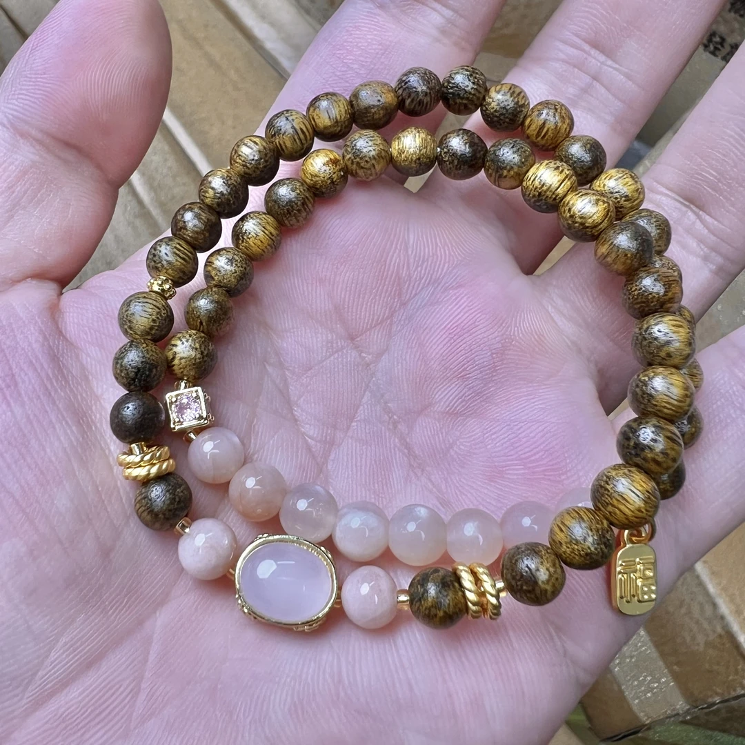 S1025 木质双圈太阳石手串  证书礼盒