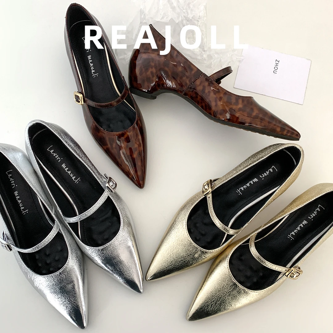 法式小众设计尖头一字带坡跟银色豹纹仙女风玛丽珍真皮单鞋百搭